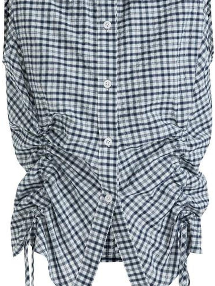 fano 100% Cotton Plaid Slim Fit Button Front Commuter Women Off Shoulder Crop Tops