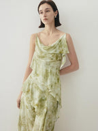 someone sometimes Viscose Asymmetric Ruffle Hem Cinched Waist Aline Lake Green Maxi Dresses