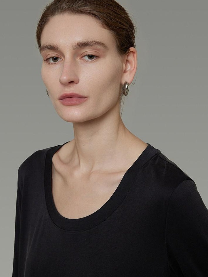 unspoken Breathable Knit Relaxed H Shape Loose Waist Long Sleeve Women Black Maxi Dresses