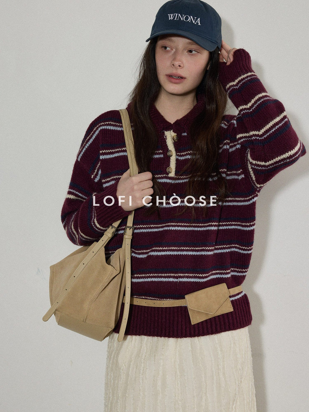Lofi choose Cozy Colorblock Collared Oversized Striped Button Knit Pullover Women Sweaters