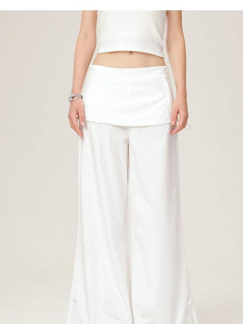 ikyou Wrinkle Free Minimalist Commuter Elastic Waist Natural Rise White Wide Leg Pants