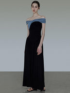 unspoken High Waist Colorblock V-neck A Line Viscose Knit Casual Women Maxi Dresses