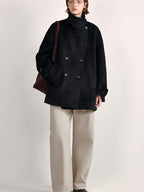 fano Double Breasted Stand Collar Commuter Loose Fit Women Black Pocket Wool Coats