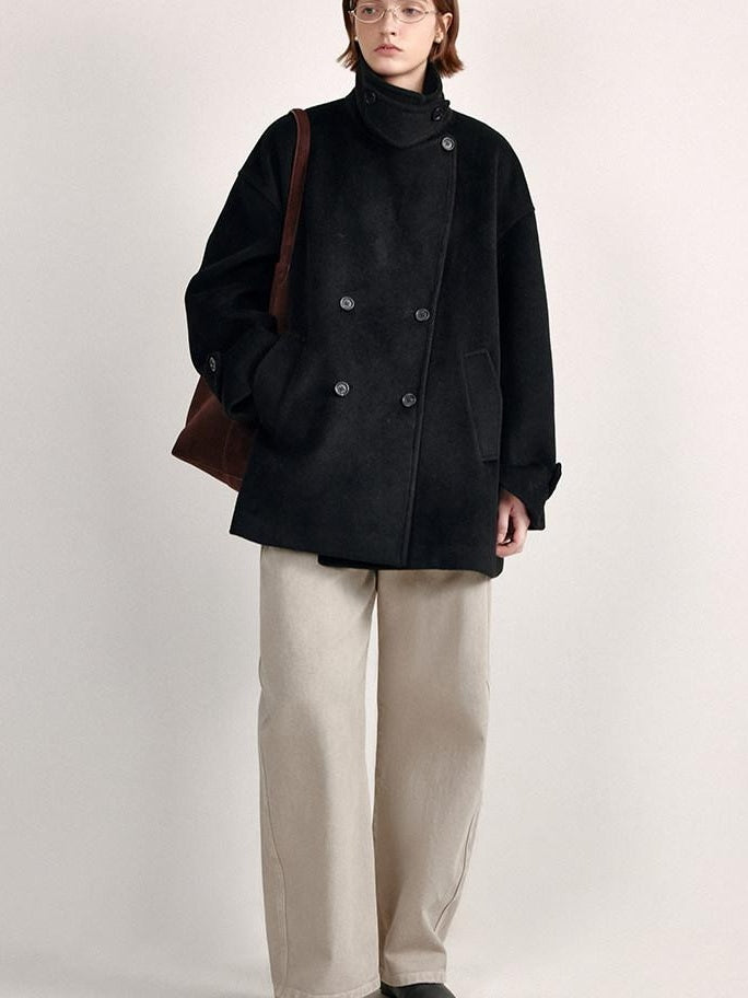 fano Double Breasted Stand Collar Commuter Loose Fit Women Black Pocket Wool Coats
