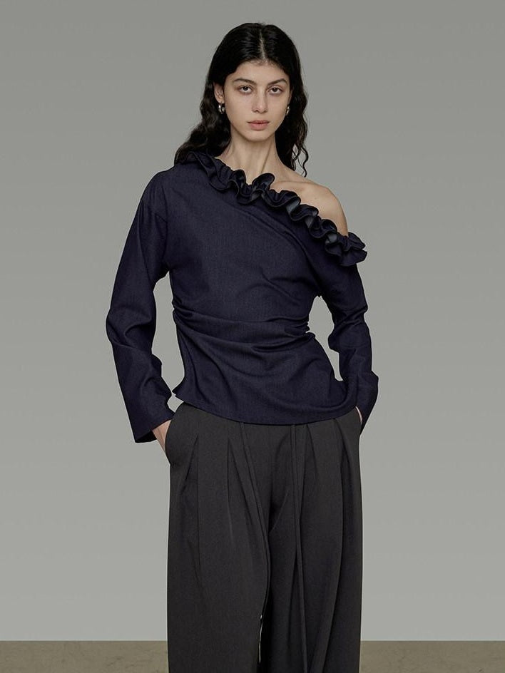 unspoken Warm Slanted Collar Loose Fit Long Sleeve Office Dark Blue Polyester Blouses
