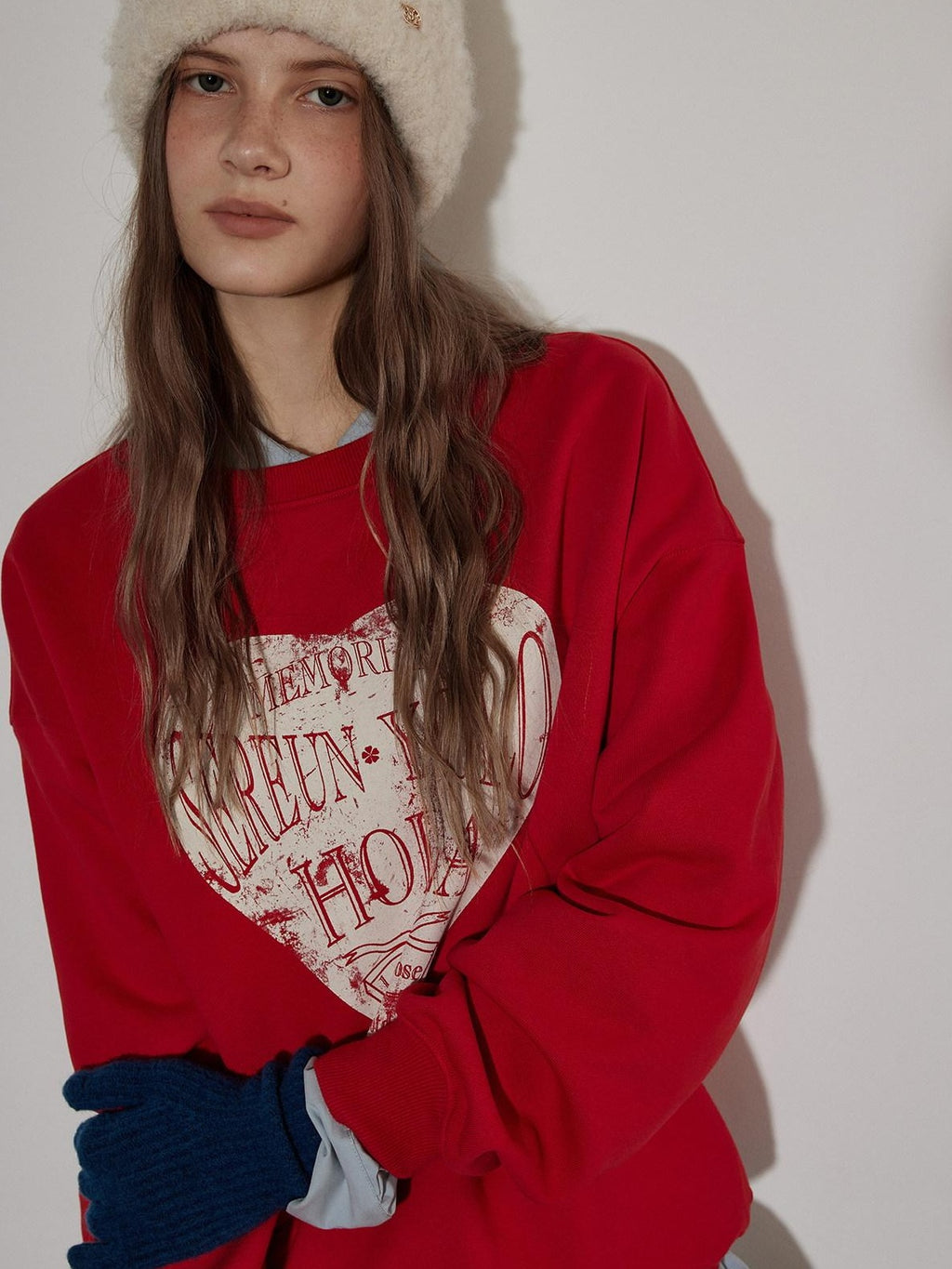 Lofi choose Fleece Lined Loose Fit Crewneck Pullover Commuter Red Navy Sweatshirt