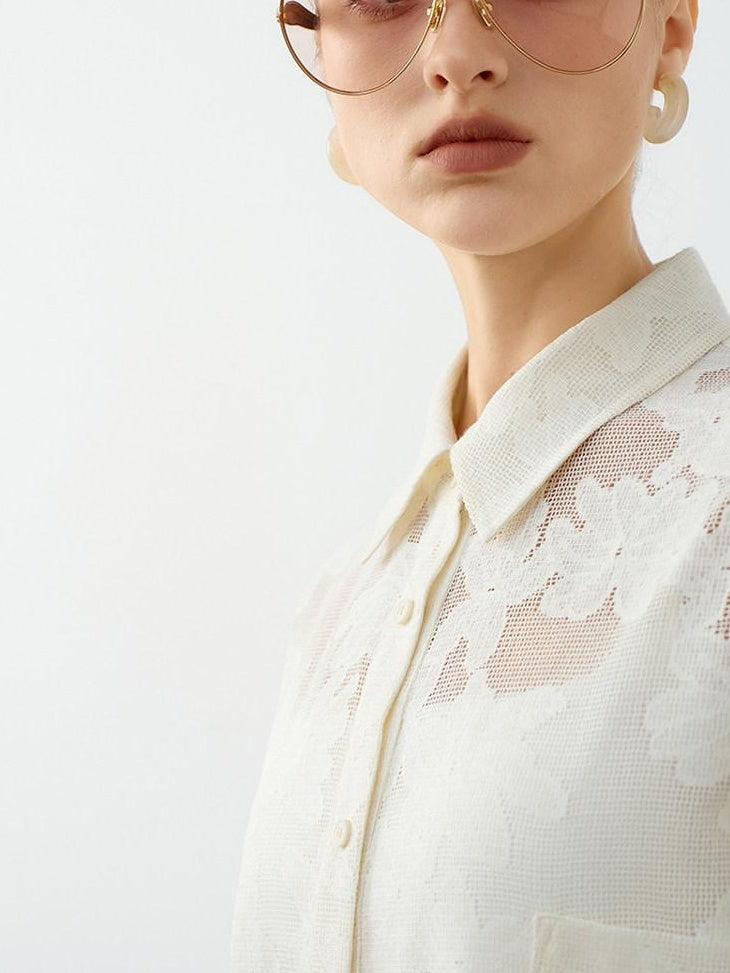 audreyyang Lightweight Shape Retention Lace Polo Loose Fit Women Cotton Top & Pants Sets