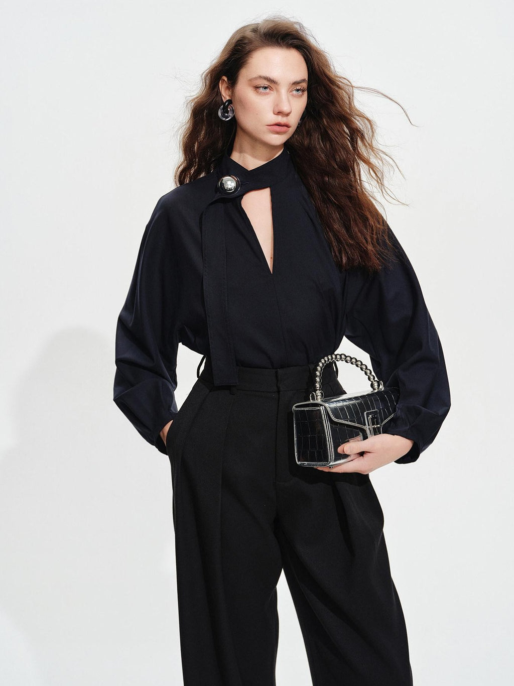 audreyyang Shape Retaining Loose Long Lantern Sleeve Pullover Navy Polyester Women Blouses