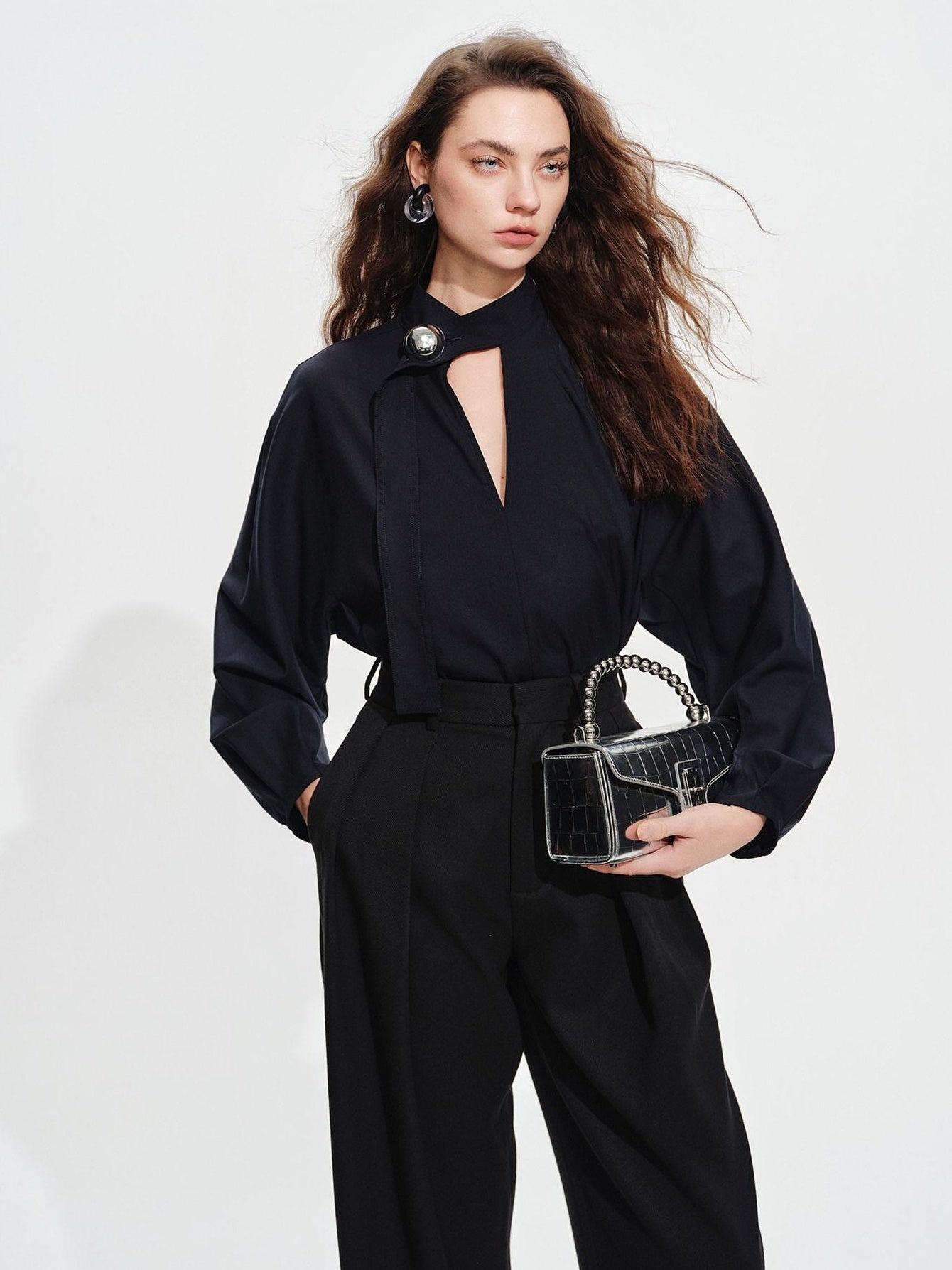 audreyyang Shape Retaining Loose Long Lantern Sleeve Pullover Navy Polyester Women Blouses