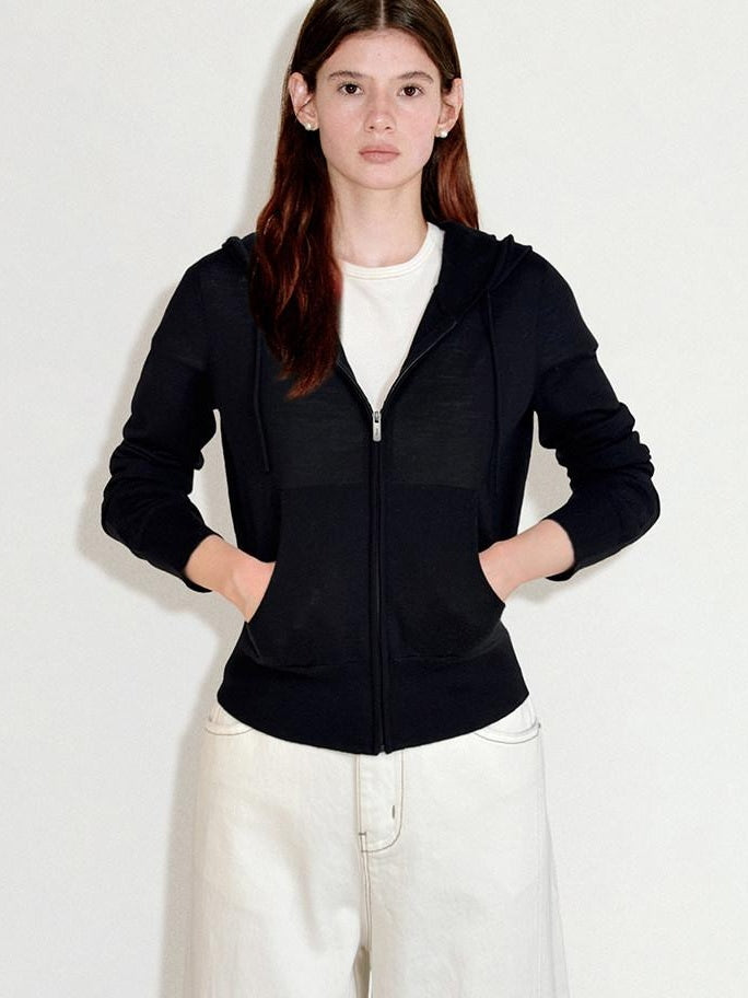 fano Cozy Wool Blend Zip Up Loose Fit Casual Long Sleeve Black Women Hoodie