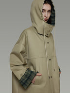 unspoken Breathable Pure Cotton Minimalist Loose Midlength Women Plaid Khaki Trench Coats