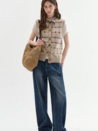 fano Breathable Knitted Wool Blend Geo Round Neck Button Loose Fit Commuter Vests