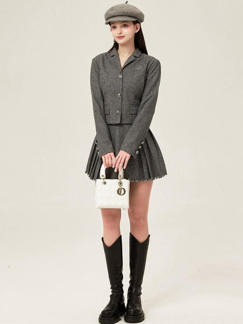 ikyou Tassel Button Slim Fit Square Neck Long Sleeve Work Gray Brown Top & Skirt Sets