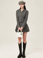 ikyou Tassel Button Slim Fit Square Neck Long Sleeve Work Gray Brown Top & Skirt Sets