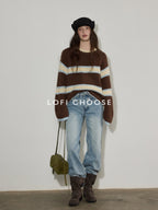 Lofi choose Cozy Acrylic Wool Colorblock Loose Fit Raglan Crewneck Striped Knit Sweaters