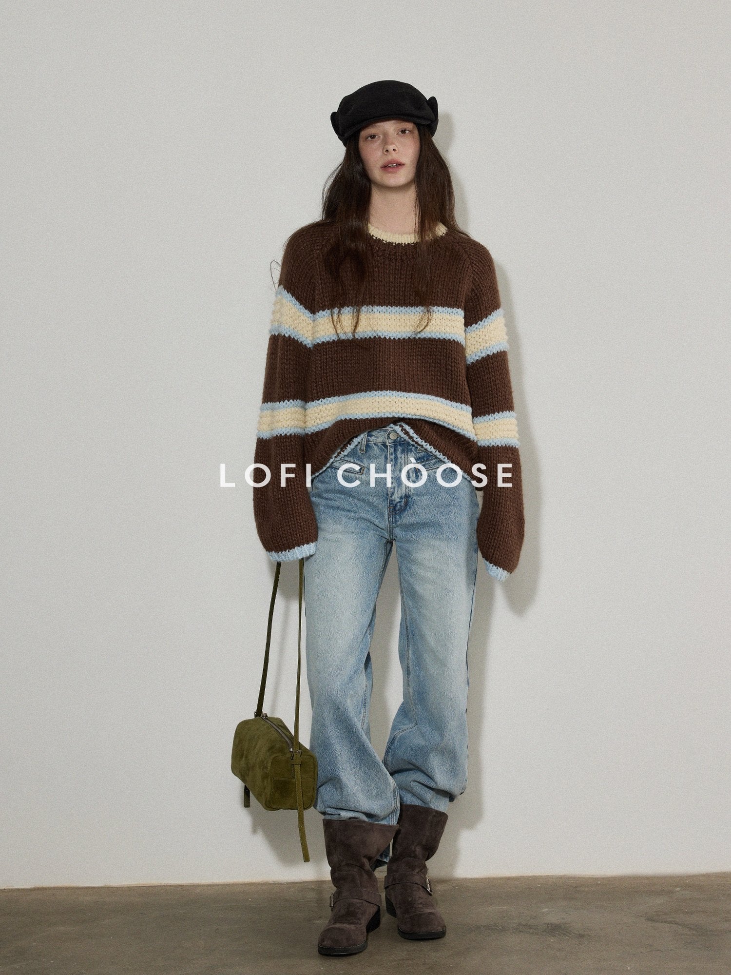 Lofi choose Cozy Acrylic Wool Colorblock Loose Fit Raglan Crewneck Striped Knit Sweaters