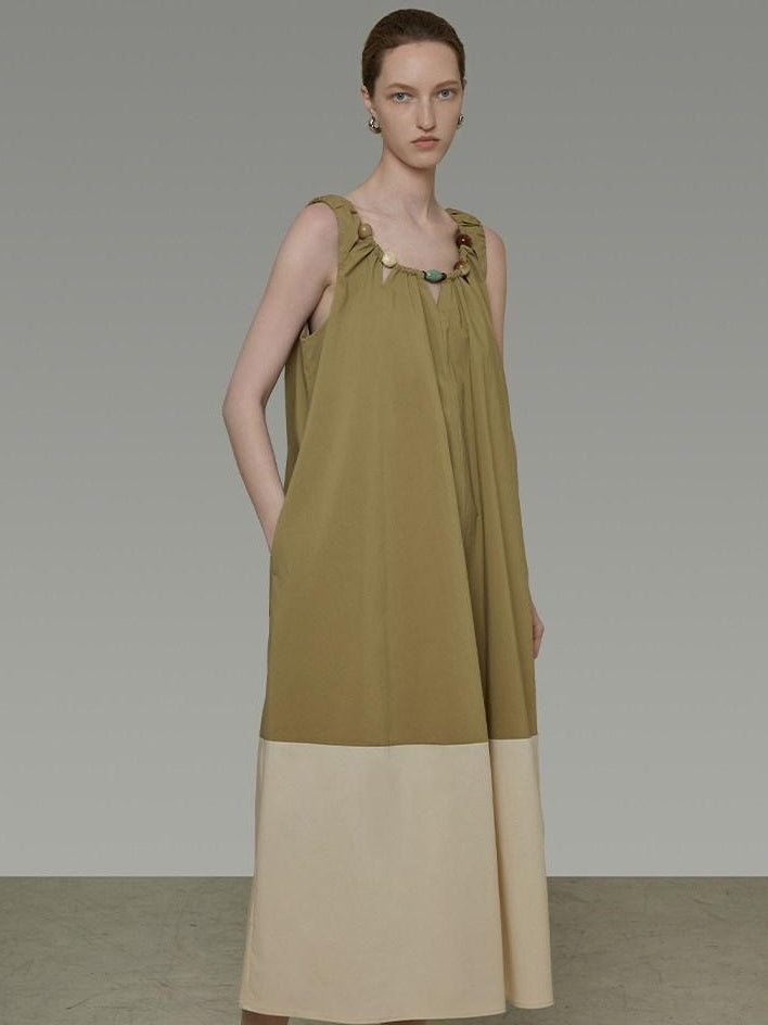 unspoken Khaki Beige Colorblock Sleeveless H Line Round Neck Loose Waist Maxi Dresses
