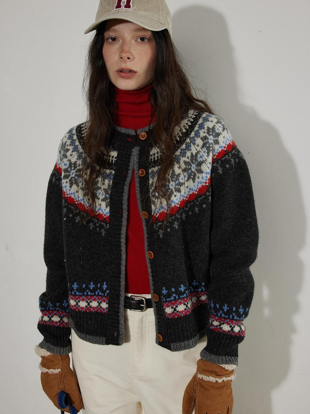 Lofi choose Lightweight Geometric Button Round Neck Loose Fit Office Women Knit Cardigans