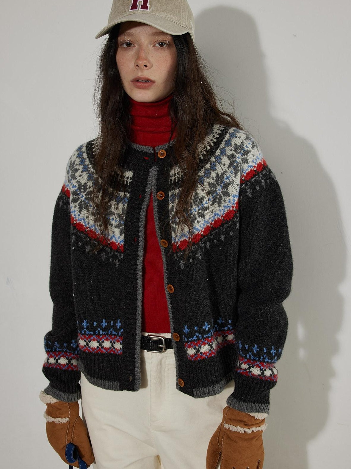 Lofi choose Lightweight Geometric Button Round Neck Loose Fit Office Women Knit Cardigans
