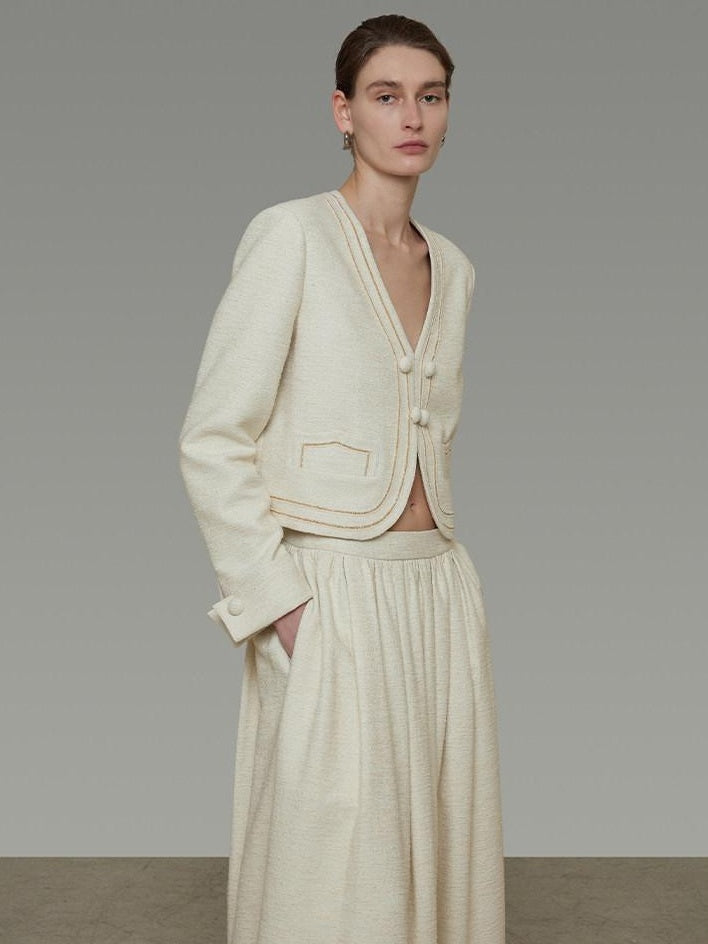 unspoken Cropped V-neck Blazer Tailored Slim High Waist Cotton Office Top & Skirt Sets