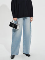 audreyyang High Waist Water Washed Light Blue Zipper Fly No Stretch Women Wide Leg Jeans