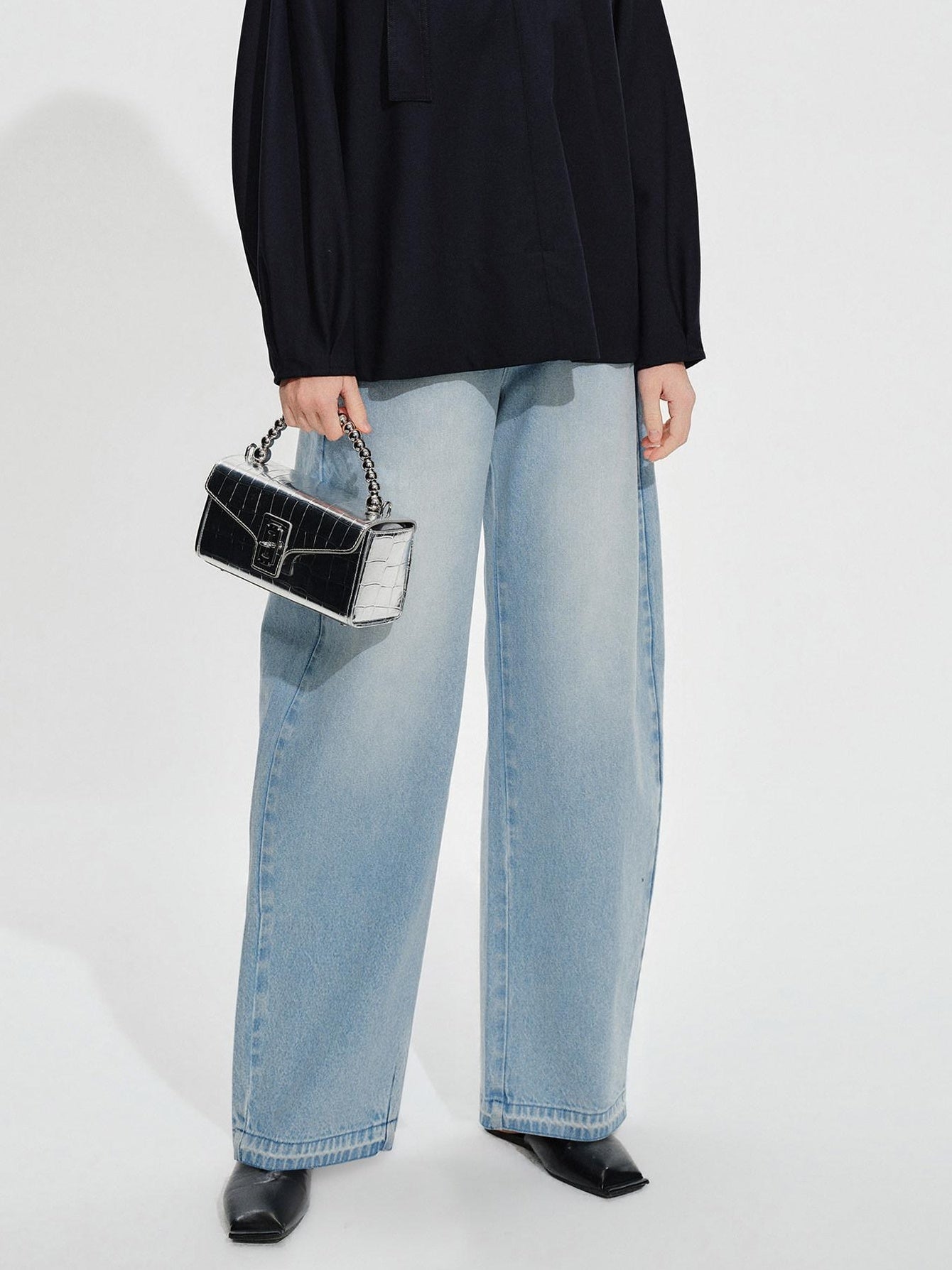 audreyyang High Waist Water Washed Light Blue Zipper Fly No Stretch Women Wide Leg Jeans