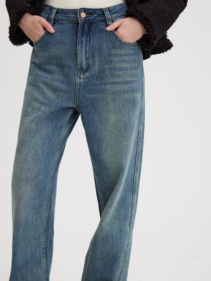 fano High Waist Washed Clean Straight Rigid Denim Blue Straight Leg Jeans