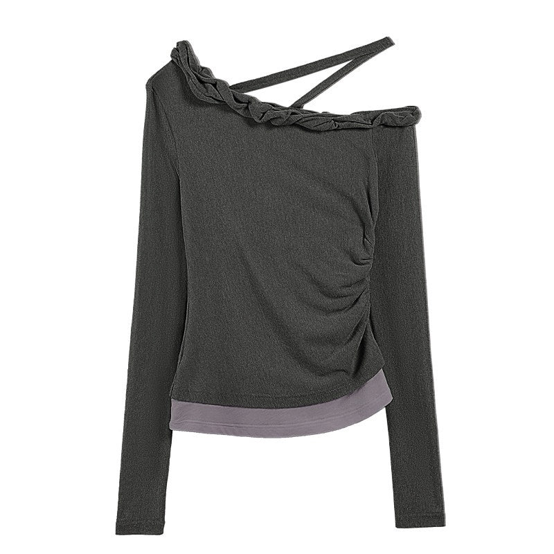 someonesometimes Lyocell Linen Blend Asymmetric Neckline Slim Fit Women Long Sleeve T-Shirts