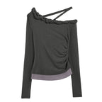 someonesometimes Lyocell Linen Blend Asymmetric Neckline Slim Fit Women Long Sleeve T-Shirts