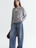 fano Breathable Cotton Natural Waist Relaxed Pocketed Casual Blue Straight Leg Jeans