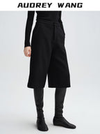 audreyyang Wool Blend Minimal Wide Leg Natural Waist Women Office Mid-Length Shorts