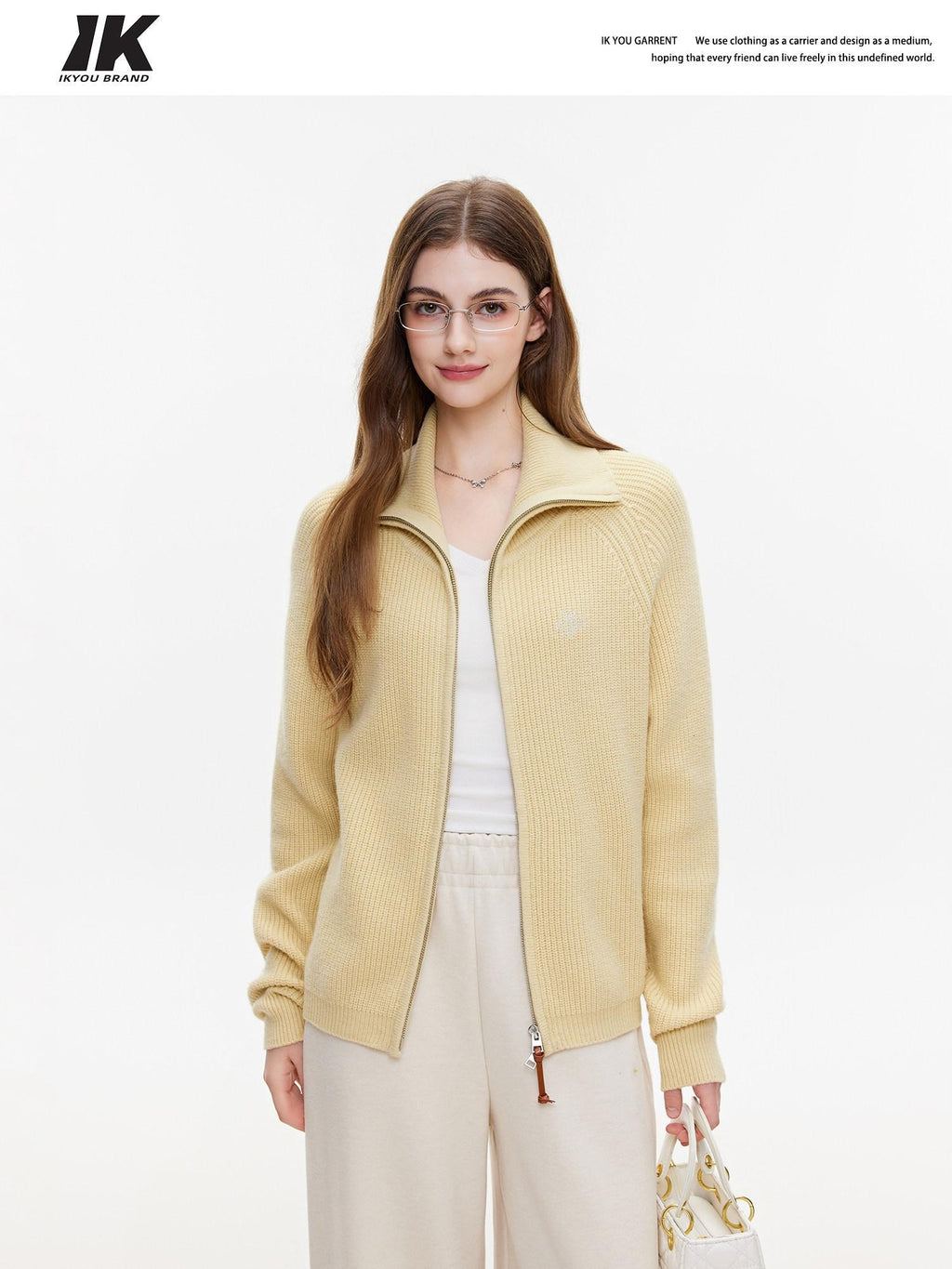 ikyou Warm Zipper Stand Collar Loose Knit Commuter Yellow Wool Blend Cardigans