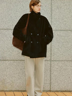 fano Double Breasted Stand Collar Commuter Loose Fit Women Black Pocket Wool Coats