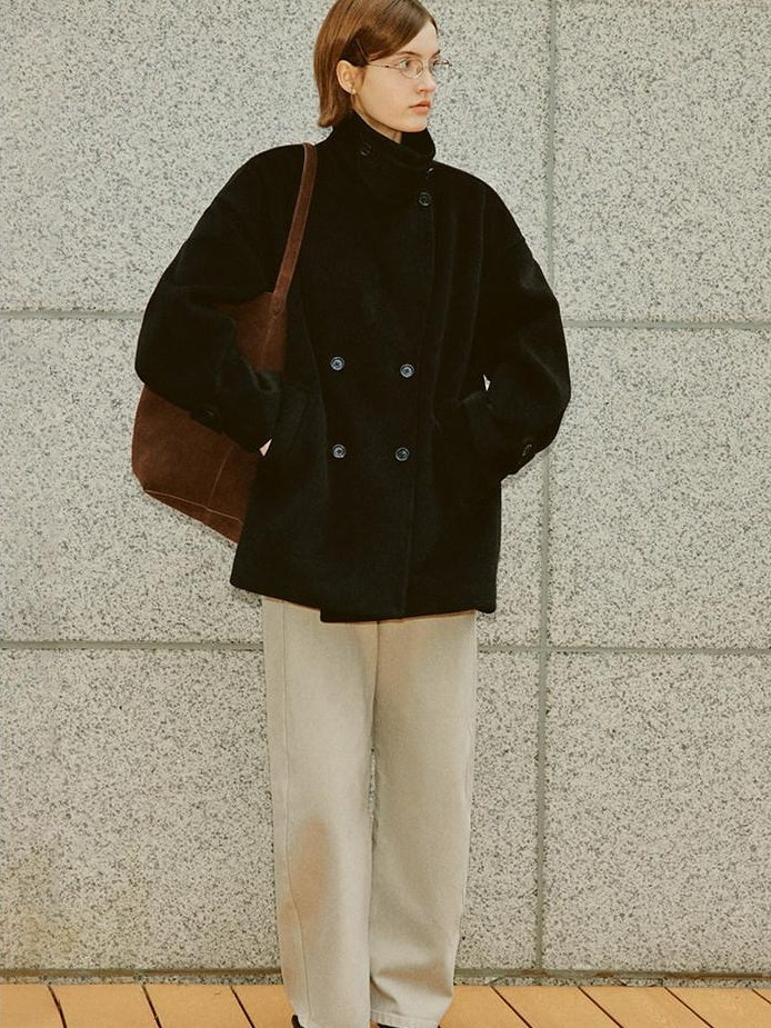 fano Double Breasted Stand Collar Commuter Loose Fit Women Black Pocket Wool Coats