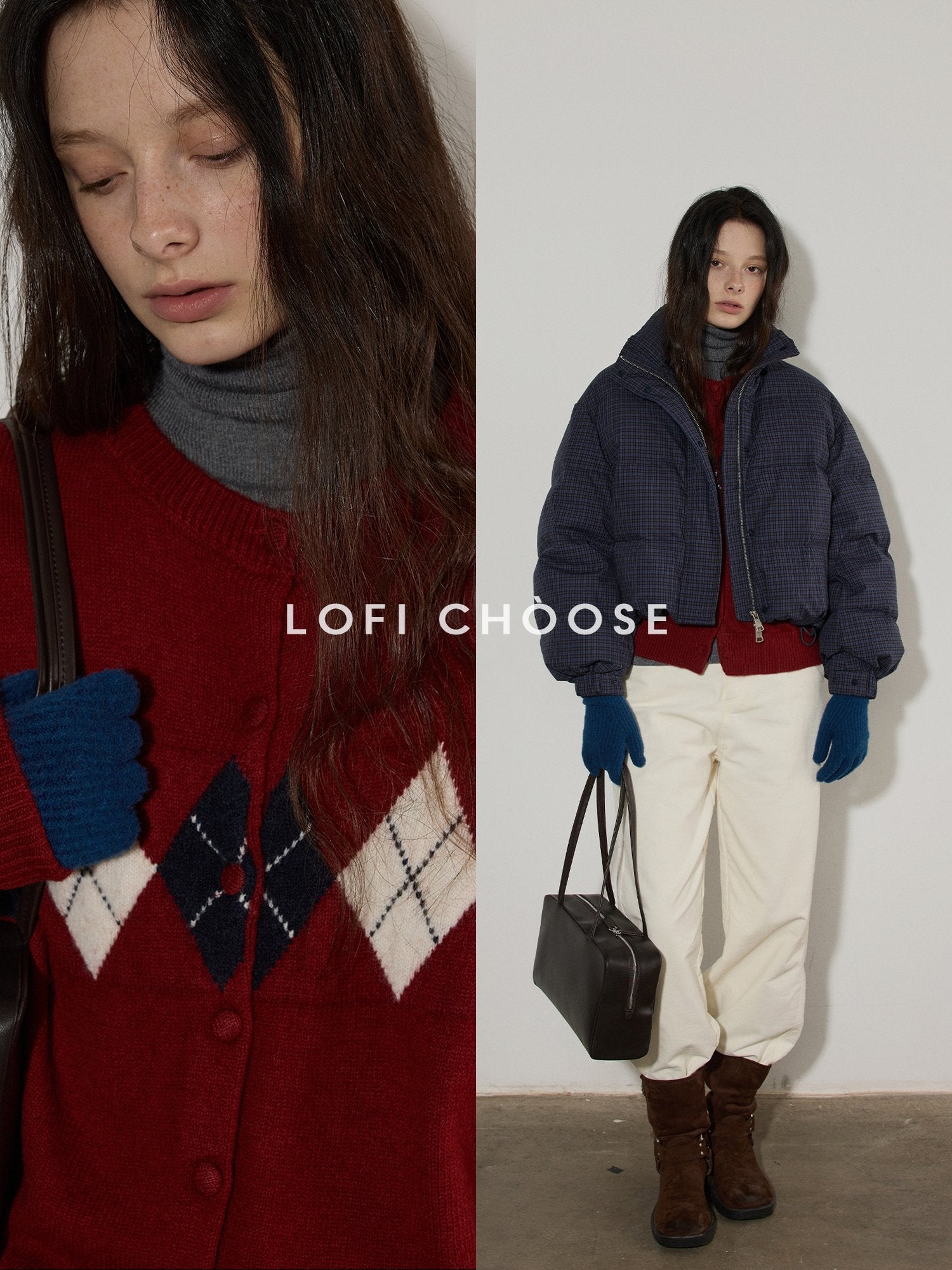 Lofi choose Cozy Acrylic Wool Blend Loose Fit Office Argyle Buttoned Women Cardigans