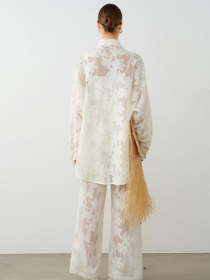 audreyyang Lightweight Shape Retention Lace Polo Loose Fit Women Cotton Top & Pants Sets