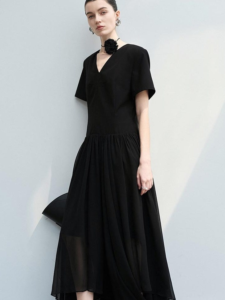audreyyang Refined Solid V-neck Natural Waist Short Sleeve Casual Polyester Maxi Dresses