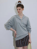 Lofi choose Cozy Loose Fit V-neck Hooded Commuter Style Women Green Gray Hoodie