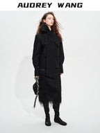 audreyyang Lined Fringed Front Slit Straight Midwaist Elastic Black Polyester Midi Skirts