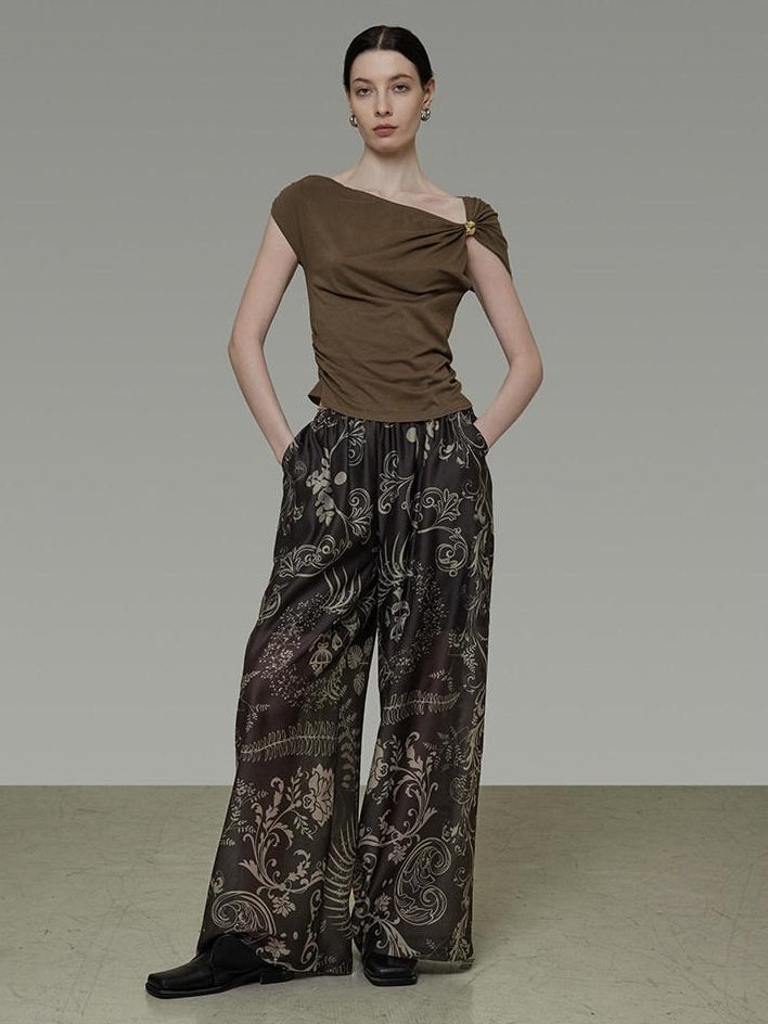 unspoken Eco Hemp Cotton 3D Detail Slim Fit Asymmetric Neck Brown Off Shoulder Crop Tops