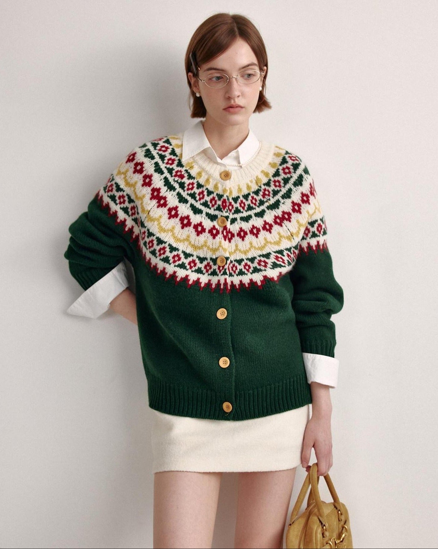 fano 100 Percent Wool Loose Fit Button Front Commuter Crew Neck Knit Cardigans
