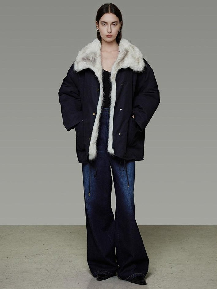 unspoken Fur Lined Thick Minimal Commuter Loose 3D Tailored Cotton Navy Puffer Jackets