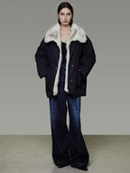 unspoken Fur Lined Thick Minimal Commuter Loose 3D Tailored Cotton Navy Puffer Jackets