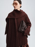 audreyyang 100 Percent Sheepswool Thick Vintage Loose Built In Scarf Women Knit Sweaters