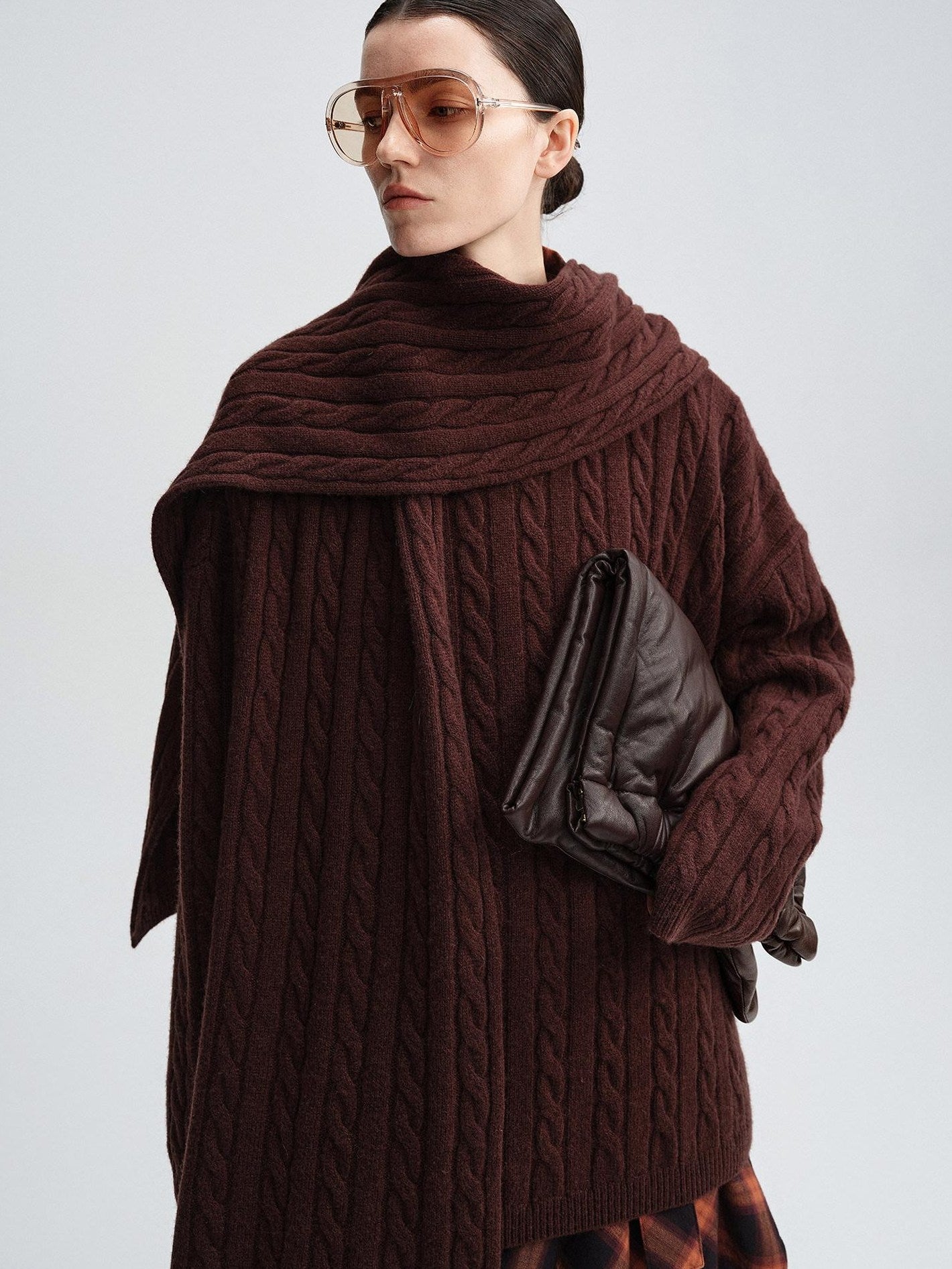 audreyyang 100 Percent Sheepswool Thick Vintage Loose Built In Scarf Women Knit Sweaters