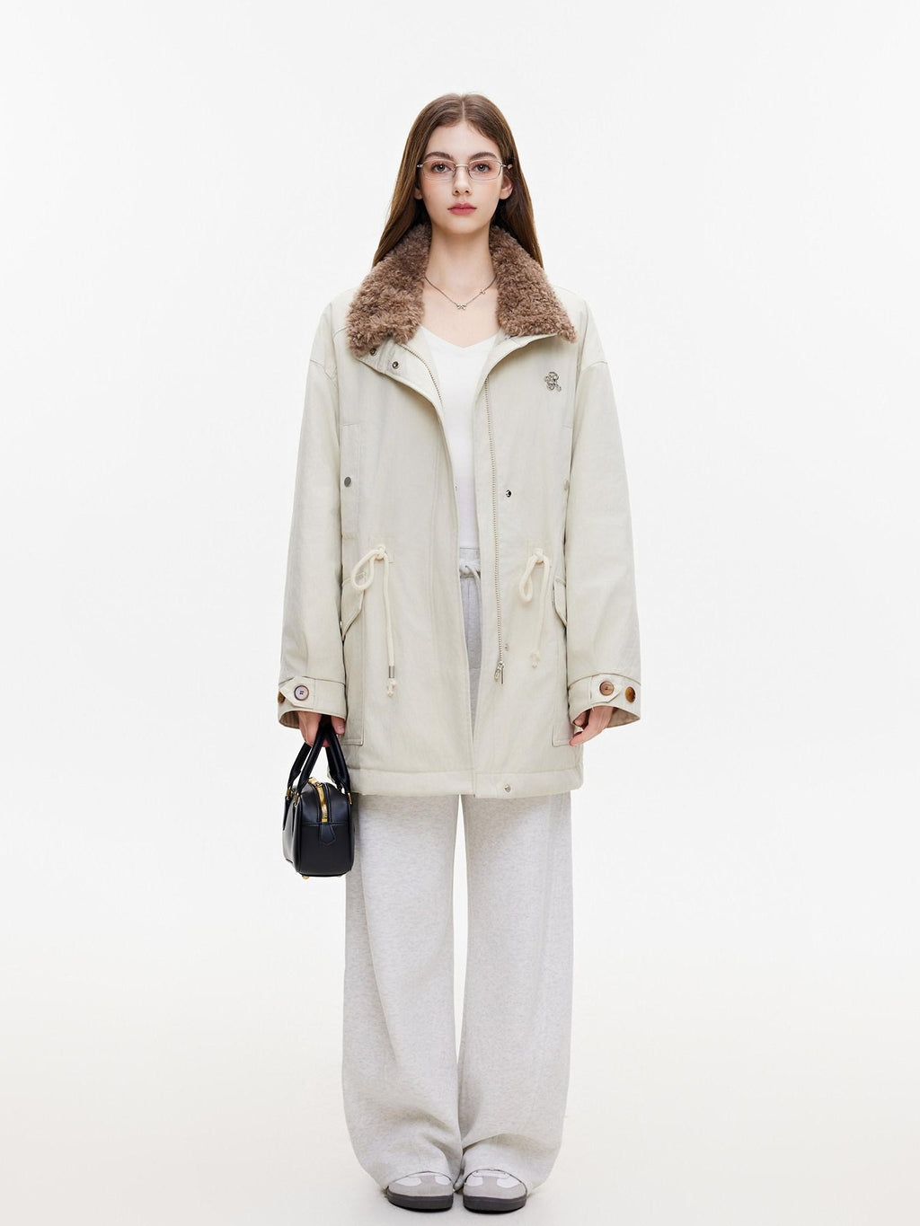 ikyou Insulated Cotton Pocketed Midlength Korean Commuter Light Khaki Down Jackets