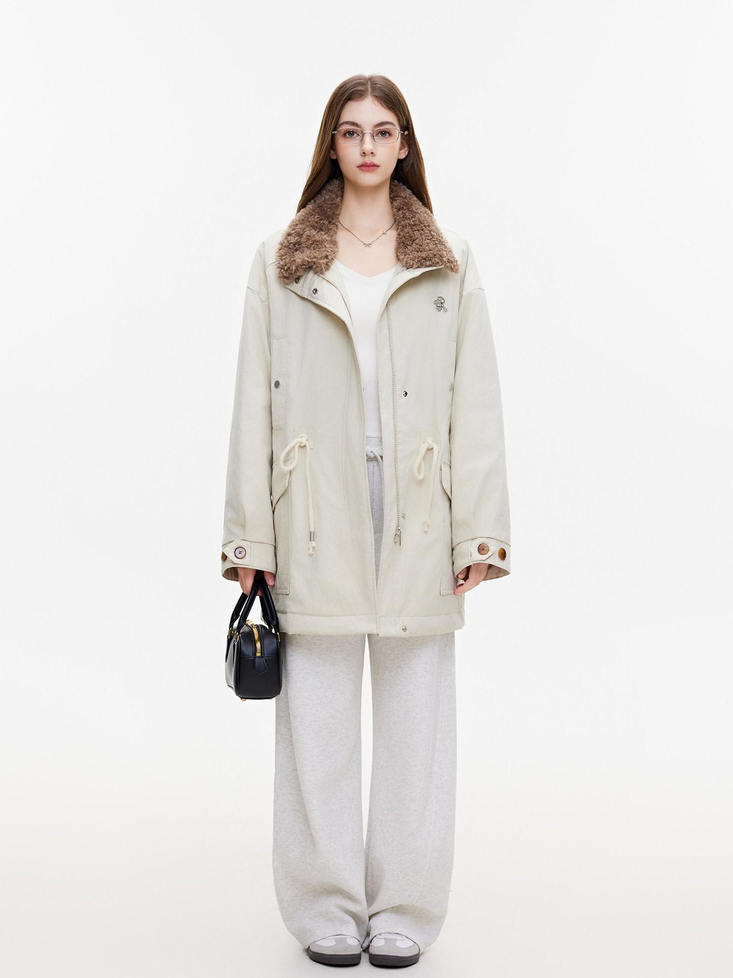 ikyou Insulated Cotton Pocketed Midlength Korean Commuter Light Khaki Down Jackets