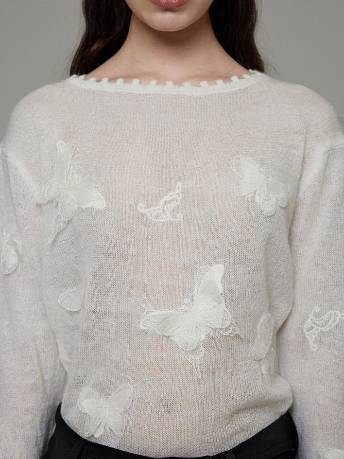 unspoken Breathable Knit Minimalist Relaxed Fit Butterfly Round Neck White Blouses