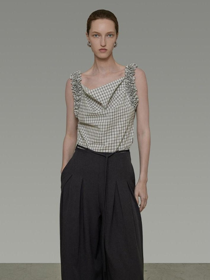unspoken Plaid Pleated Loose Fit Office Wear Womens Polyester Blend Camisoles
