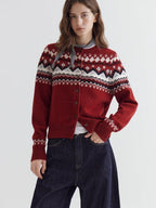 fano Warm Sheep Wool Jacquard Loose Korean Commuter Crewneck Red Women Cardigans